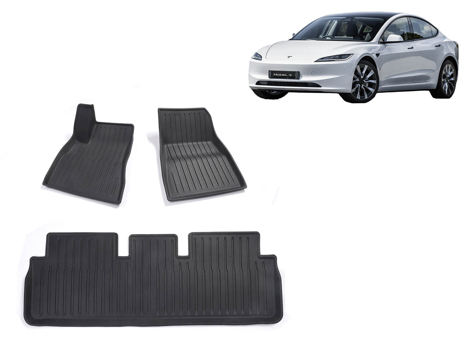 Tesla Model 3 Highland: All Weather Gummimåtte Sæt i Premium Genbrugsgummi